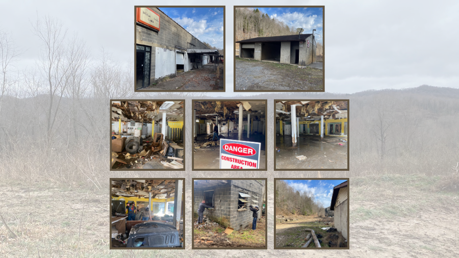 Collage of images of a building under construction. 