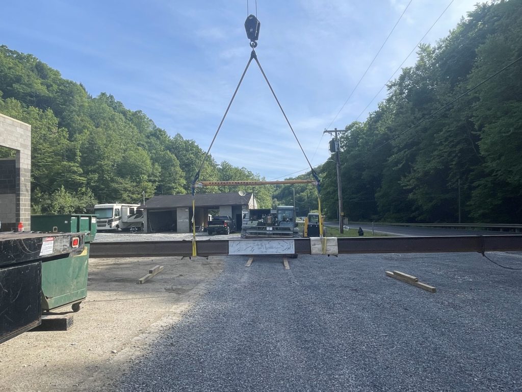 A roof beam aloft in the air.