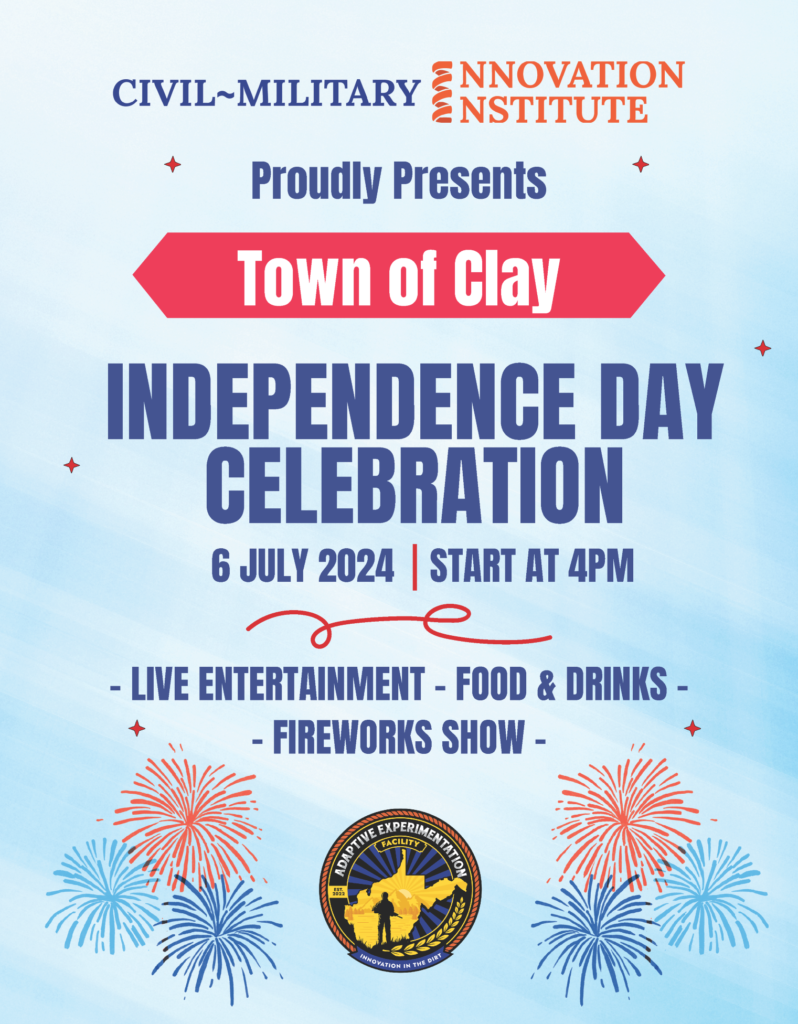 Red, white and blue poster announcing Independence Day Celebration, July 6 at 4PM in downtown Clay 