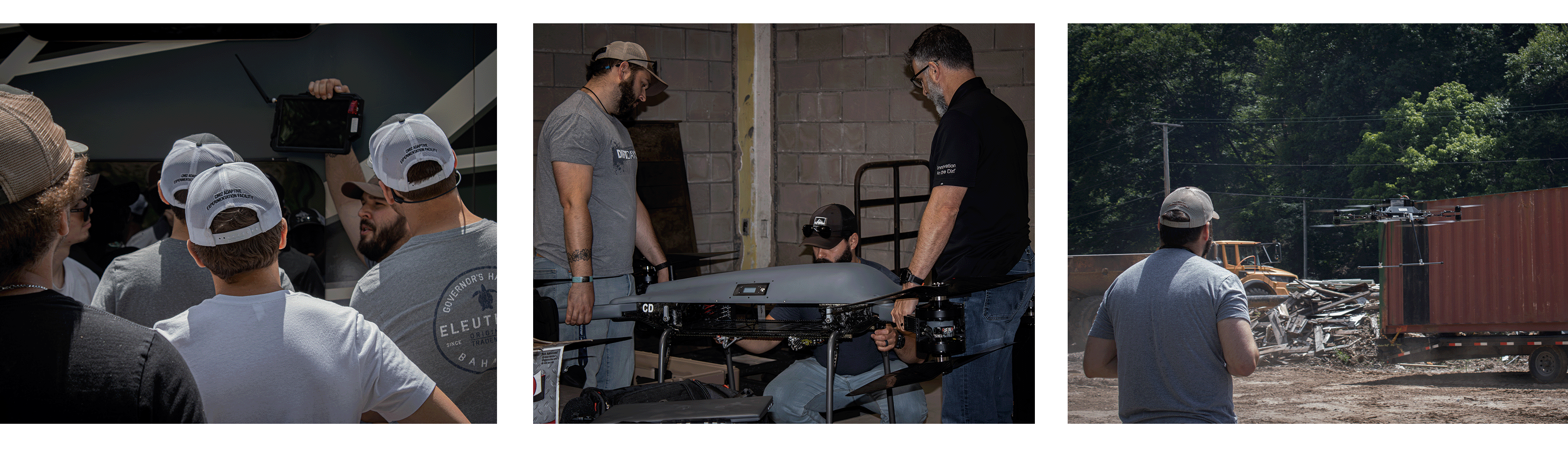 Photos of the interns (from left to right): listening for instructions, moving a piece of the construction, and using drones outside the facility.